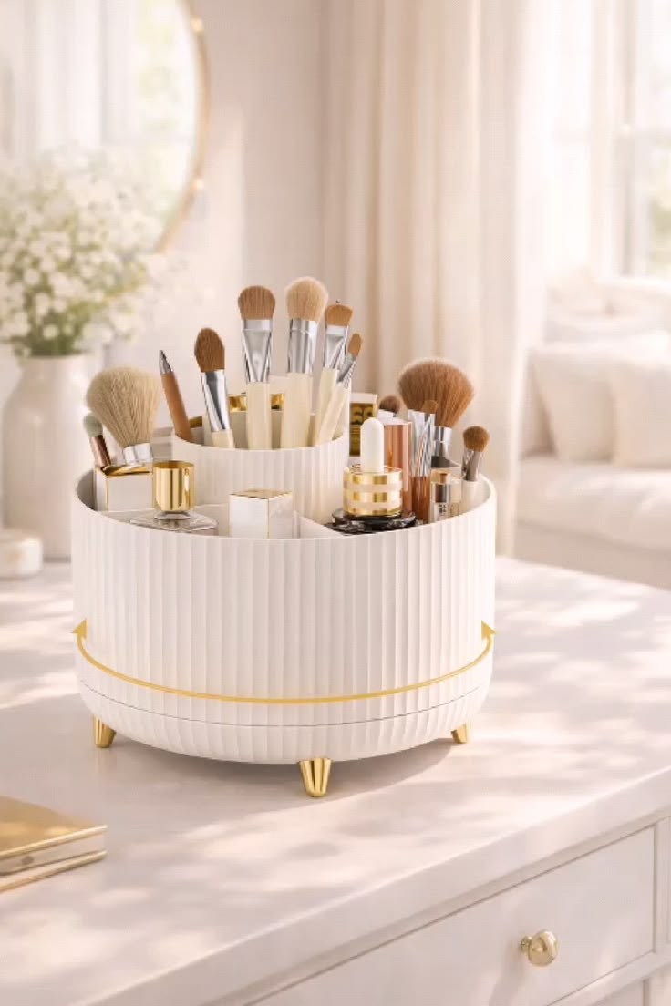 360° Rotating Makeup Brush Holder Organizer – Cosmetic Storage & Vanity Organizer