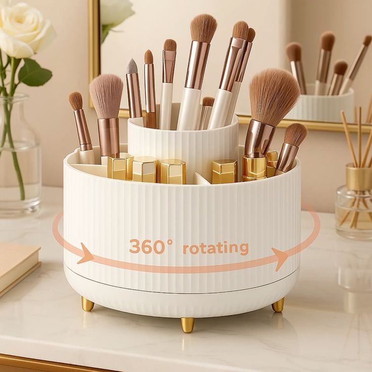 360° Rotating Makeup Brush Holder Organizer – Cosmetic Storage & Vanity Organizer