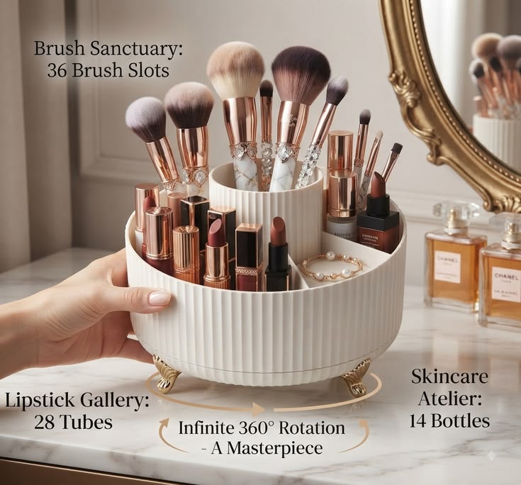 360° Rotating Makeup Brush Holder Organizer – Cosmetic Storage & Vanity Organizer