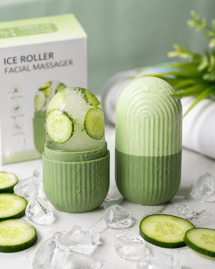 Cucumber Ice Roller for Face & Eyes – Reusable Facial Ice Roller for Puffiness, Cooling & Glowing Skin