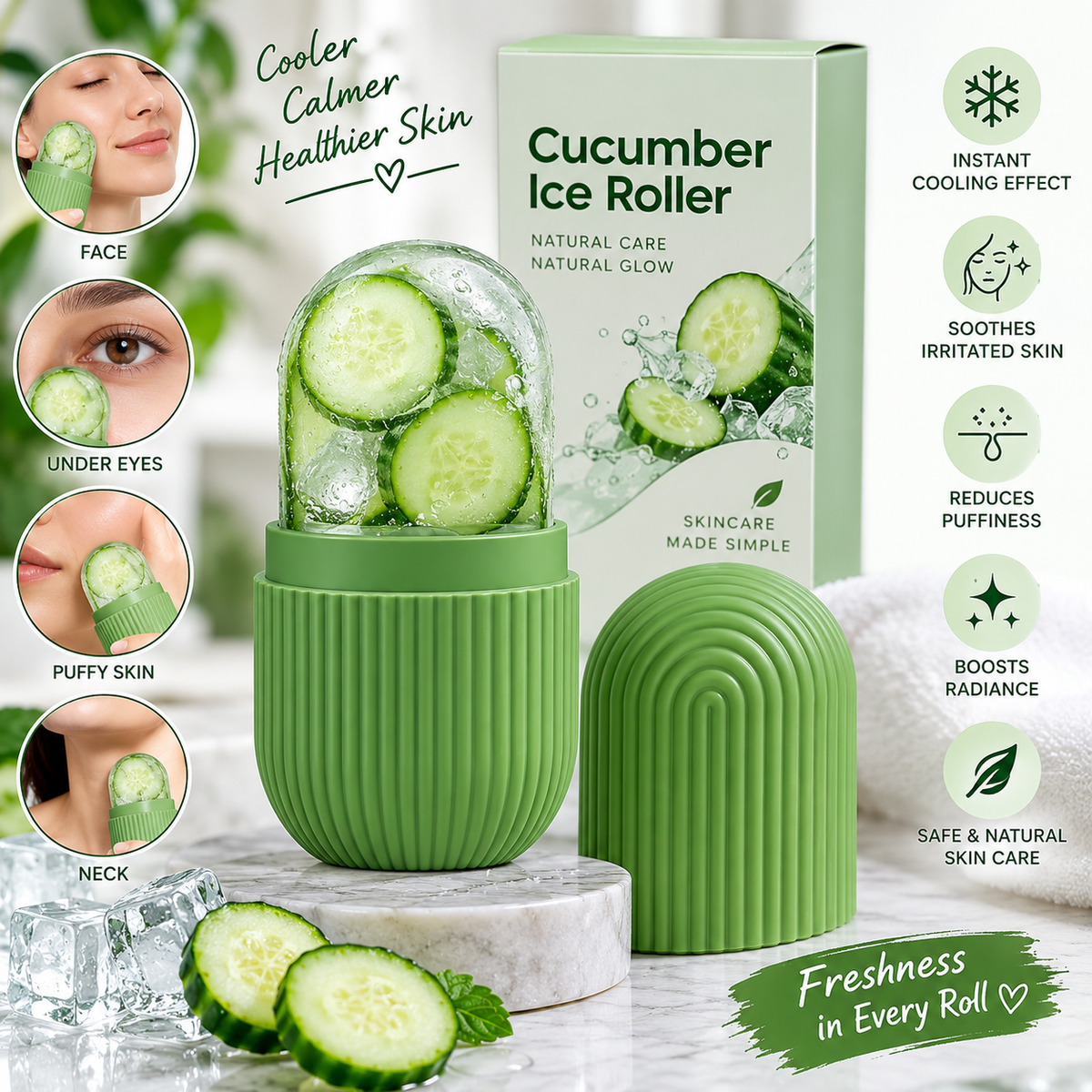 Cucumber Ice Roller for Face & Eyes – Reusable Facial Ice Roller for Puffiness, Cooling & Glowing Skin