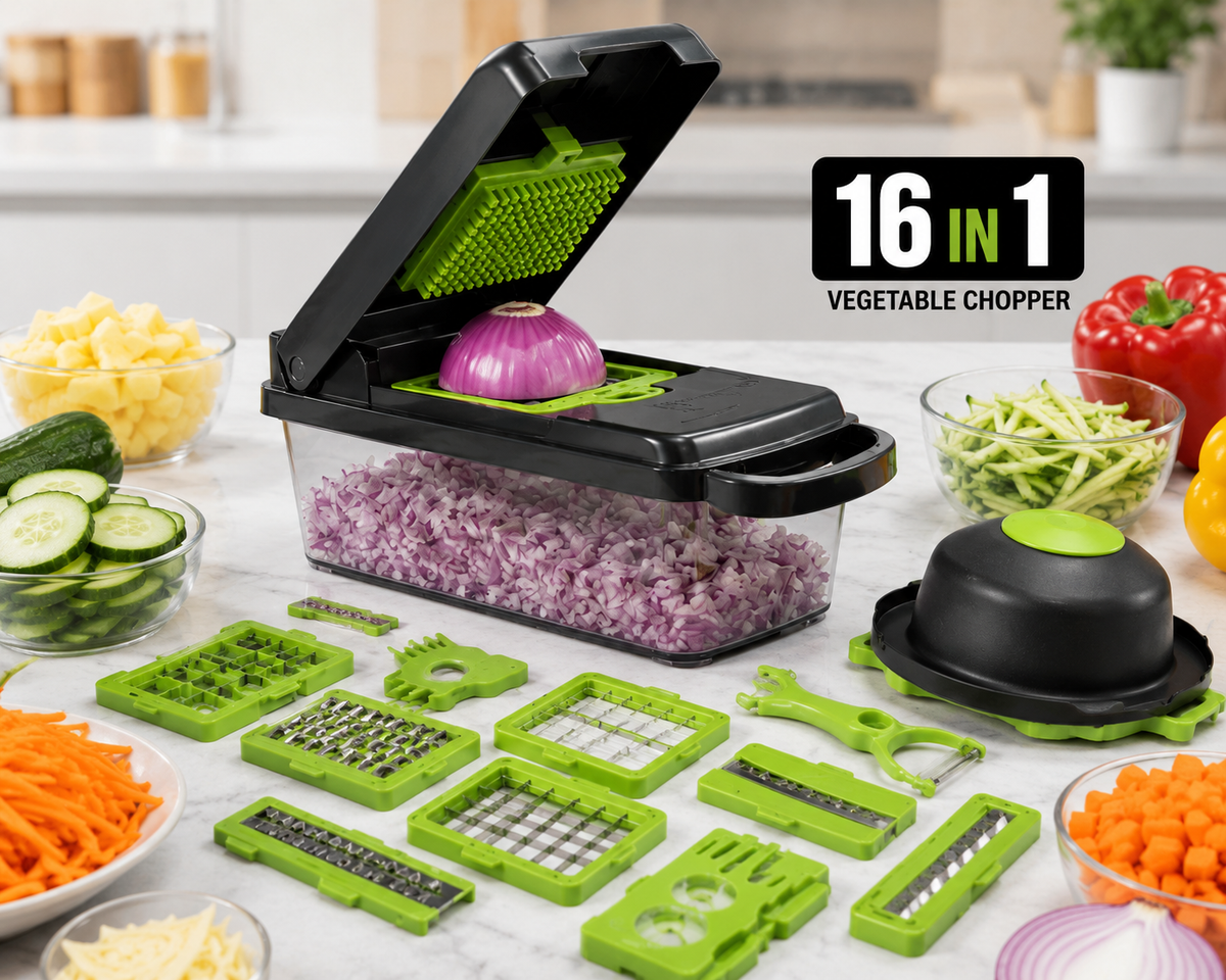 16-in-1 Multifunctional Vegetable Chopper & Slicer | Manual Food Cutter with Storage Container