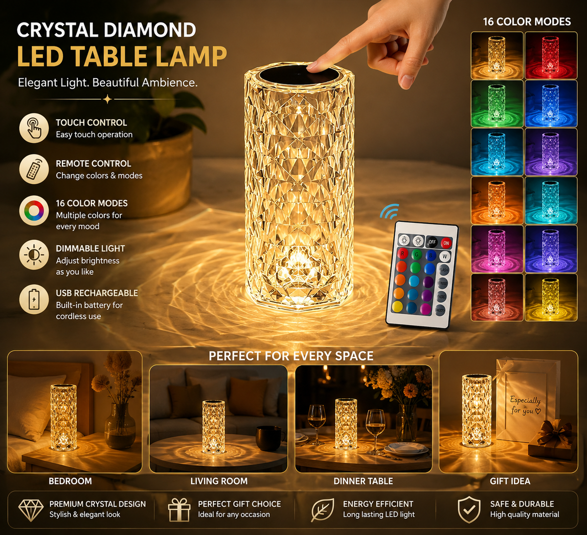 Crystal Diamond LED Table Lamp – 16 Color Changing Touch Lamp with Remote Control