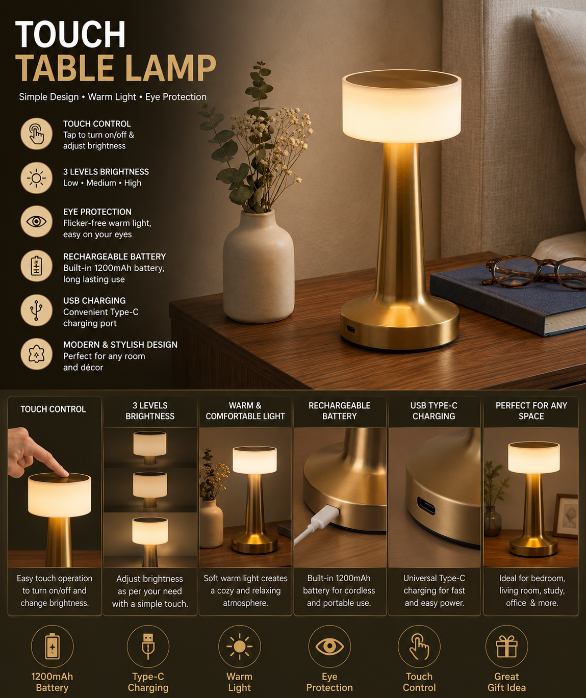 Rechargeable Touch Table Lamp – Modern Gold LED Bedside Lamp with 3-Level Brightness