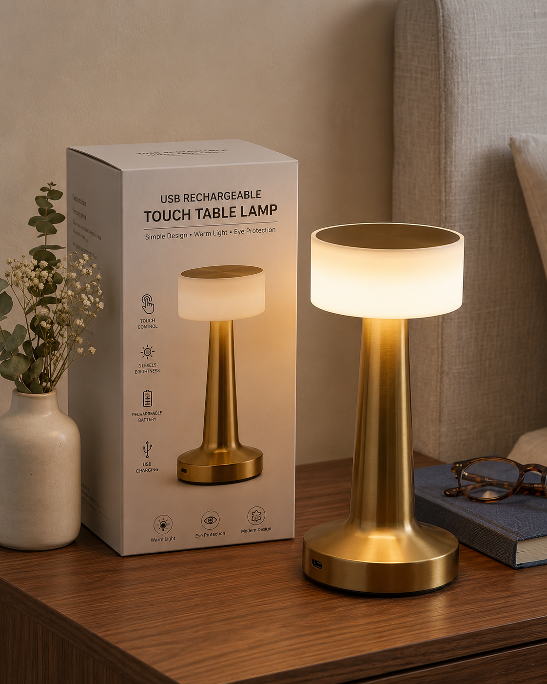 Rechargeable Touch Table Lamp – Modern Gold LED Bedside Lamp with 3-Level Brightness