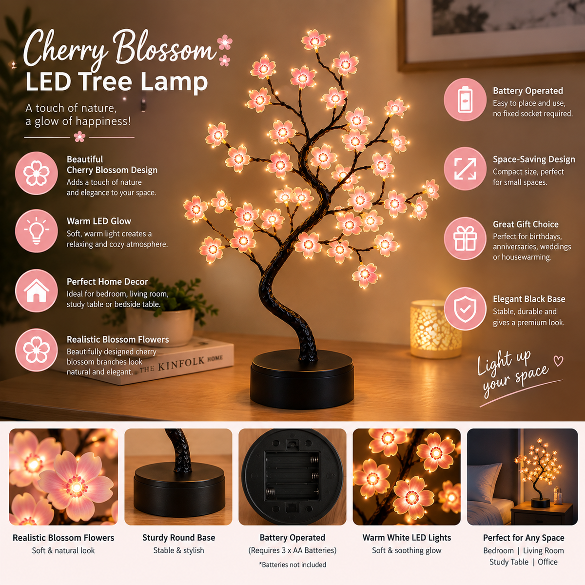 Cherry Blossom LED Tree Lamp – Warm Decorative Light for Home, Bedroom & Office