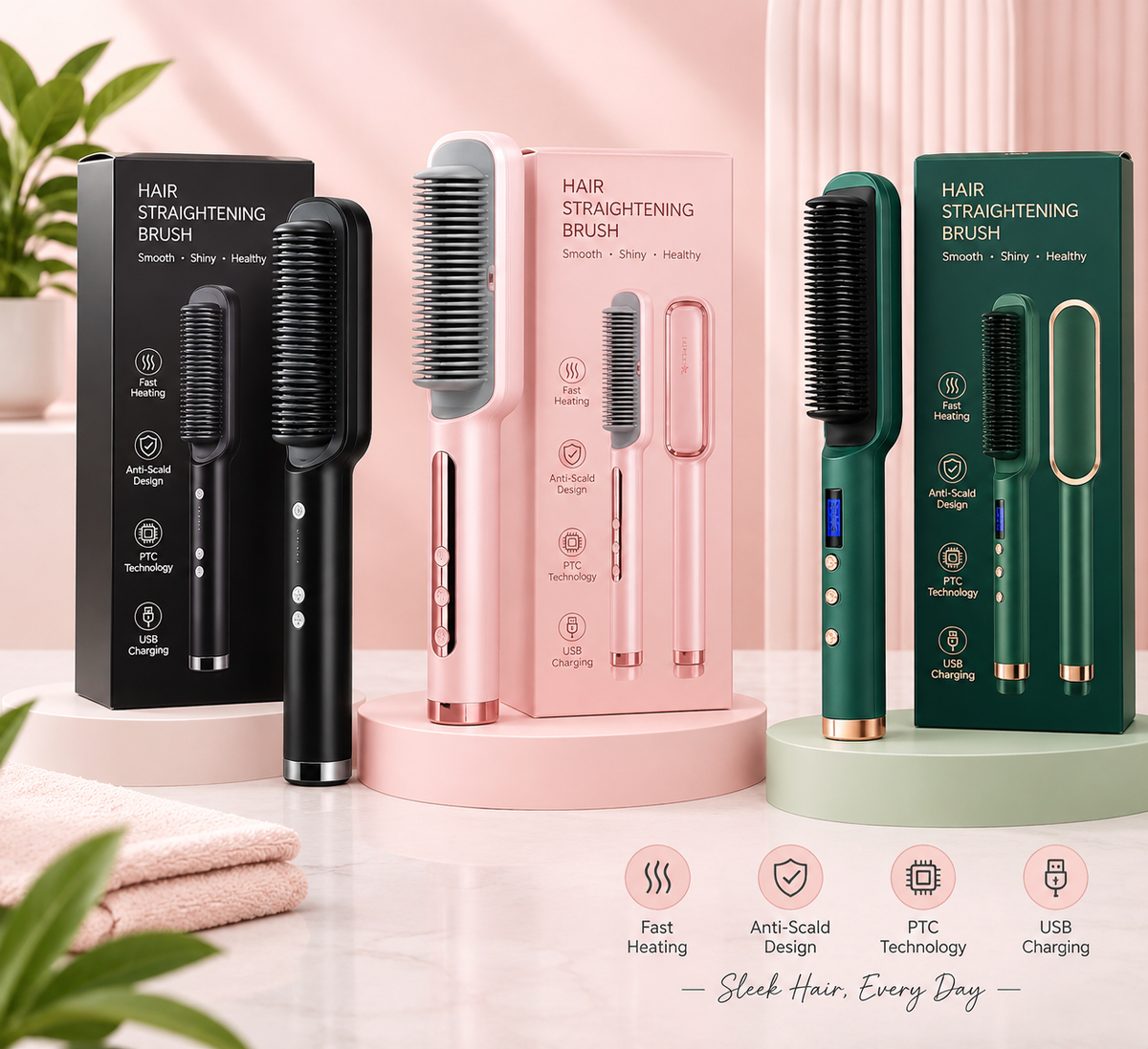 Electric Hair Straightening Brush – Fast Heating Hair Smoothing Comb with Adjustable Temperature