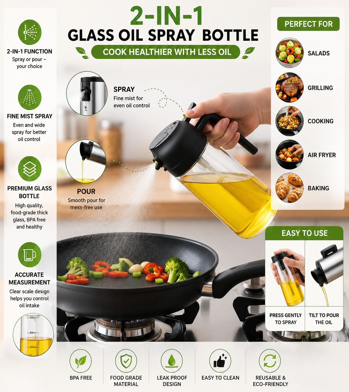 2-in-1 Glass Oil Sprayer & Dispenser Bottle – Cooking Oil Spray & Pour Bottle