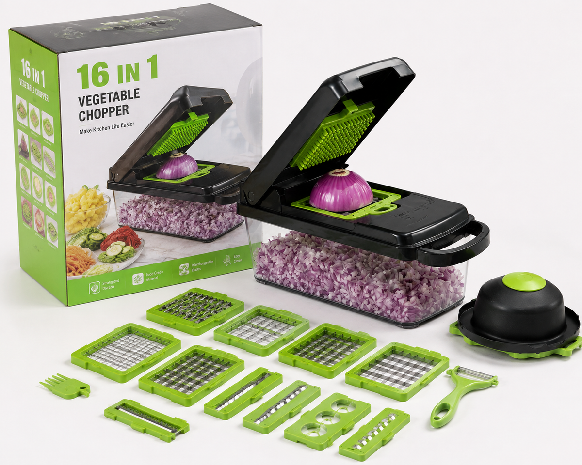 16-in-1 Multifunctional Vegetable Chopper & Slicer | Manual Food Cutter with Storage Container