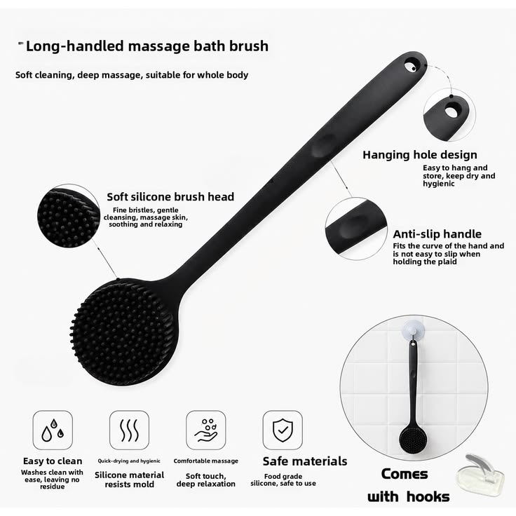 Long Handle Silicone Back Scrubber Brush – Double-Sided Body Exfoliating Shower Brush for Deep Cleaning & Massage