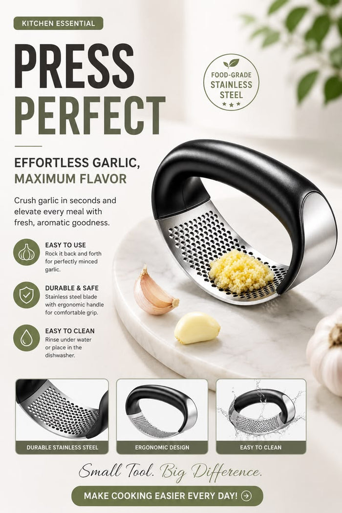 Manual Garlic Press & Mincer – Stainless Steel Garlic Crusher for Kitchen